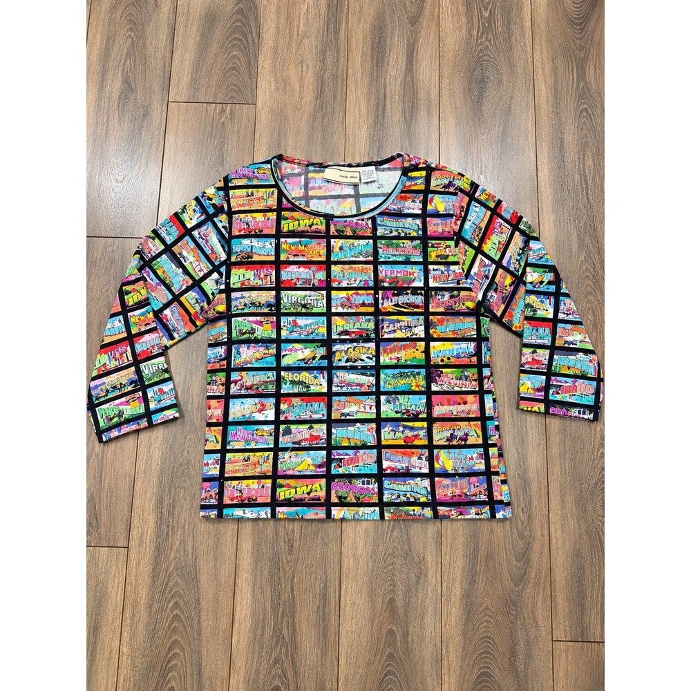 Vintage Y2K Carrie Allen XL 50 States Postcard Sequin 3/4 Sleeve Shirt
